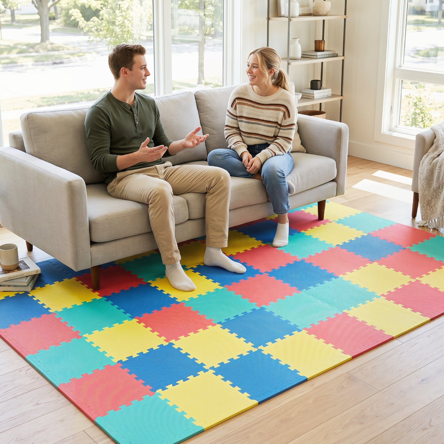 Beige EVA foam floor tiles with non-slip surface and borders, 54-pack for home gym flooring by Wilsons Home Store