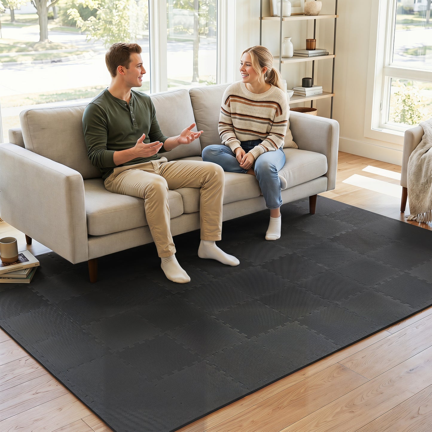 Beige EVA foam floor tiles with non-slip surface and borders, 54-pack for home gym flooring by Wilsons Home Store