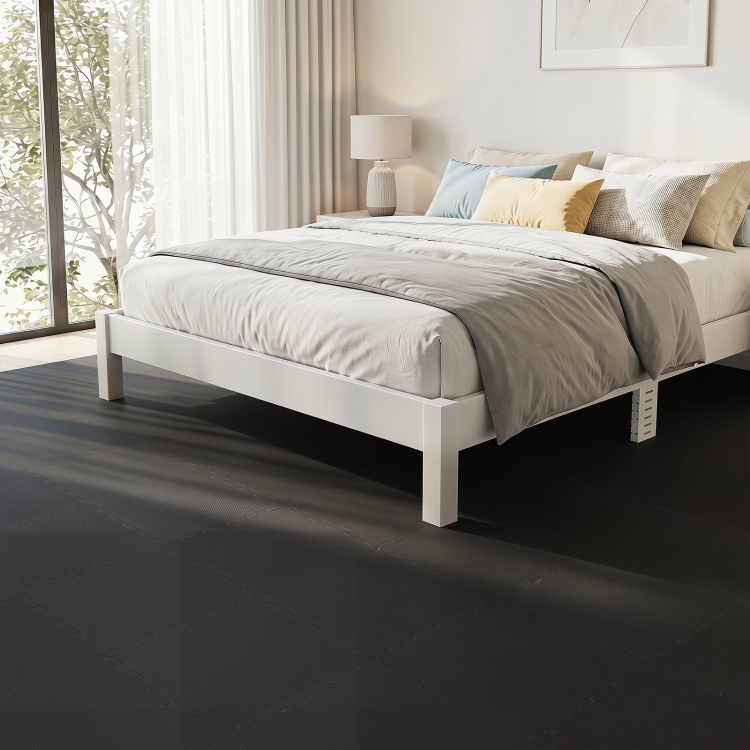 Beige EVA foam floor tiles with non-slip surface and border edges, ideal for home gym flooring, by Wilsons Home Store.
