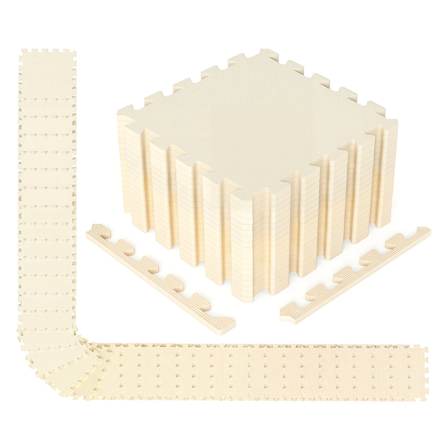 Beige EVA foam floor tiles with non-slip surface and border edges, ideal for home gym flooring, from Wilsons Home Store.