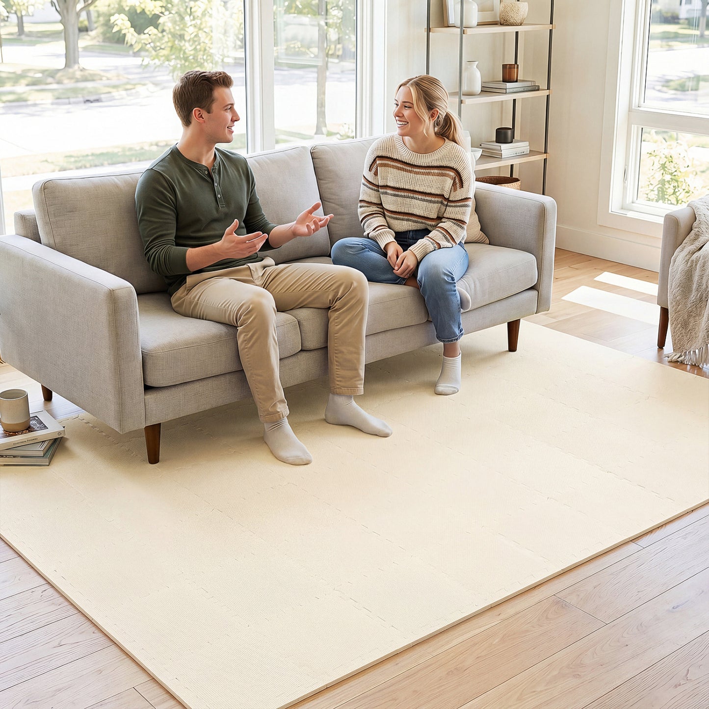 Beige EVA foam floor tiles with non-slip surface and borders for home gym, 54-pack from Direct by Wilsons Home Store.