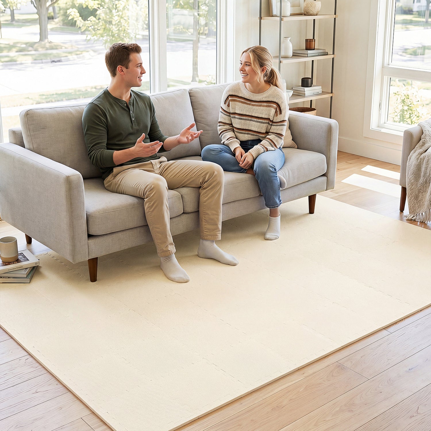Beige EVA foam floor tiles with non-slip surface and borders for home gym, 54-pack from Direct by Wilsons Home Store.