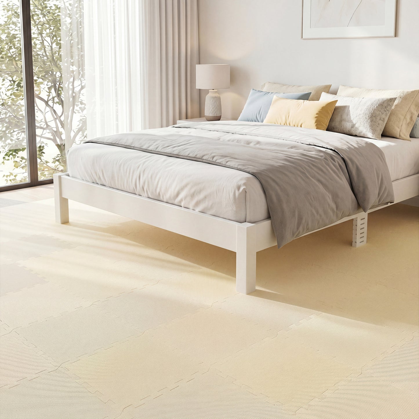 Beige EVA foam floor tiles with non-slip surface and borders, 54-pack for home gym flooring, by Direct by Wilsons Home Store.