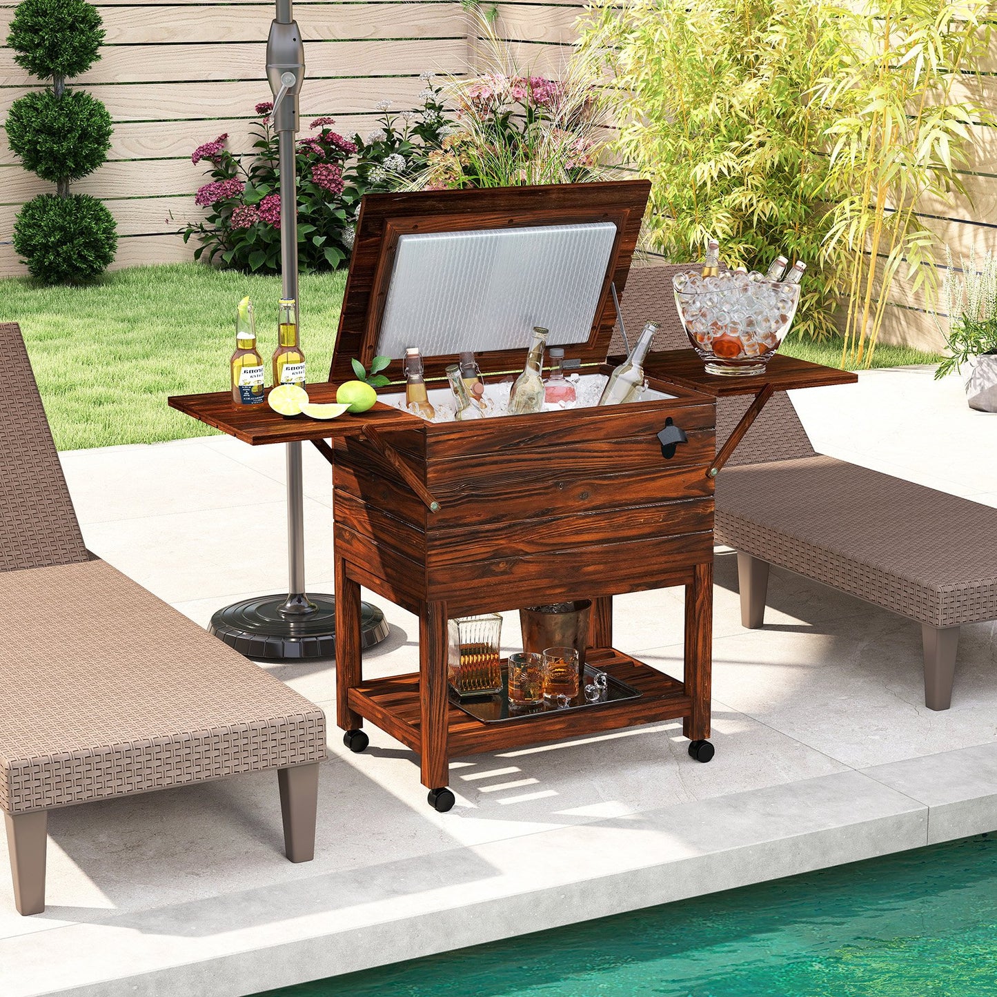 54 Quart Wooden Cooler Cart for Patio Rolling Ice Chest with Shelves-Brown