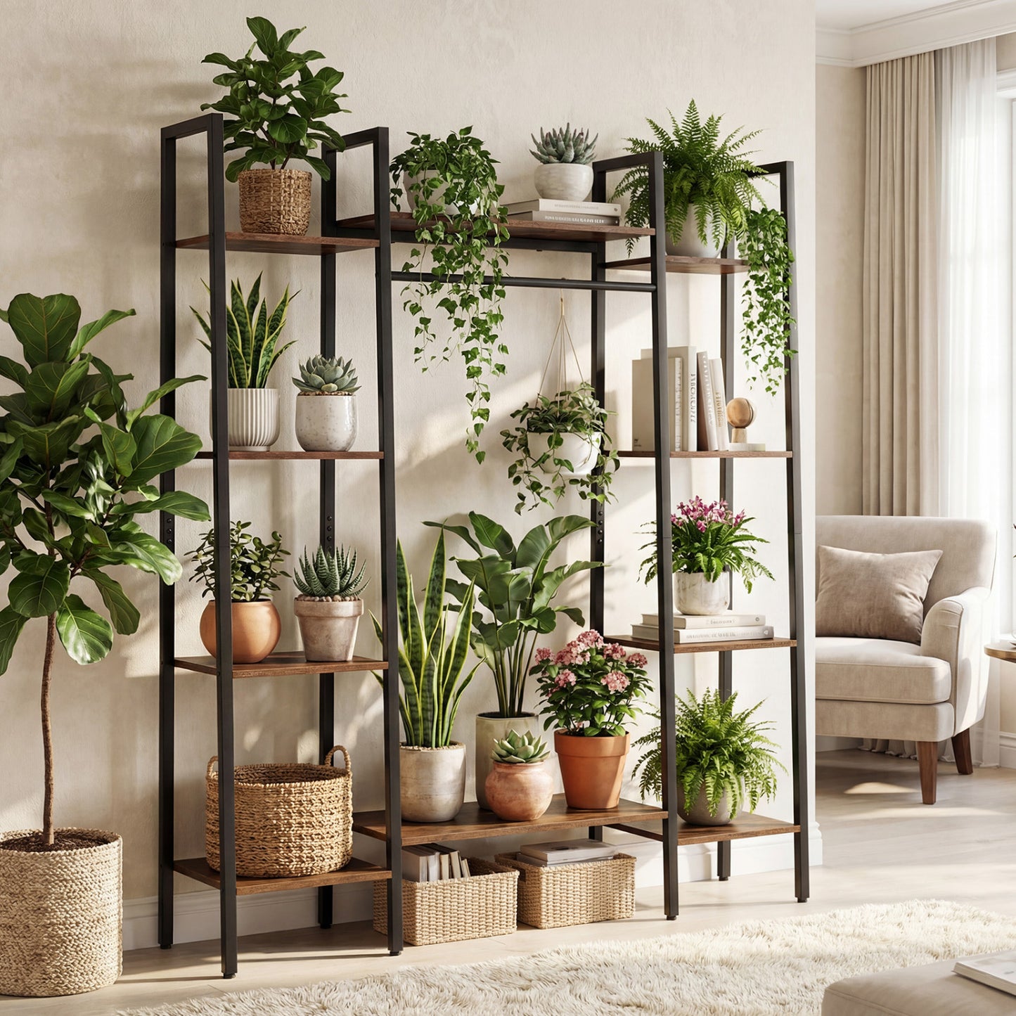 55.5 inch Tall Plant Stand 10-Tier Plant Rack with 16 Colors LED Strip Lights-Rustic Brown