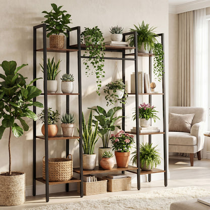 55.5 inch Tall Plant Stand 10-Tier Plant Rack with 16 Colors LED Strip Lights-Rustic Brown
