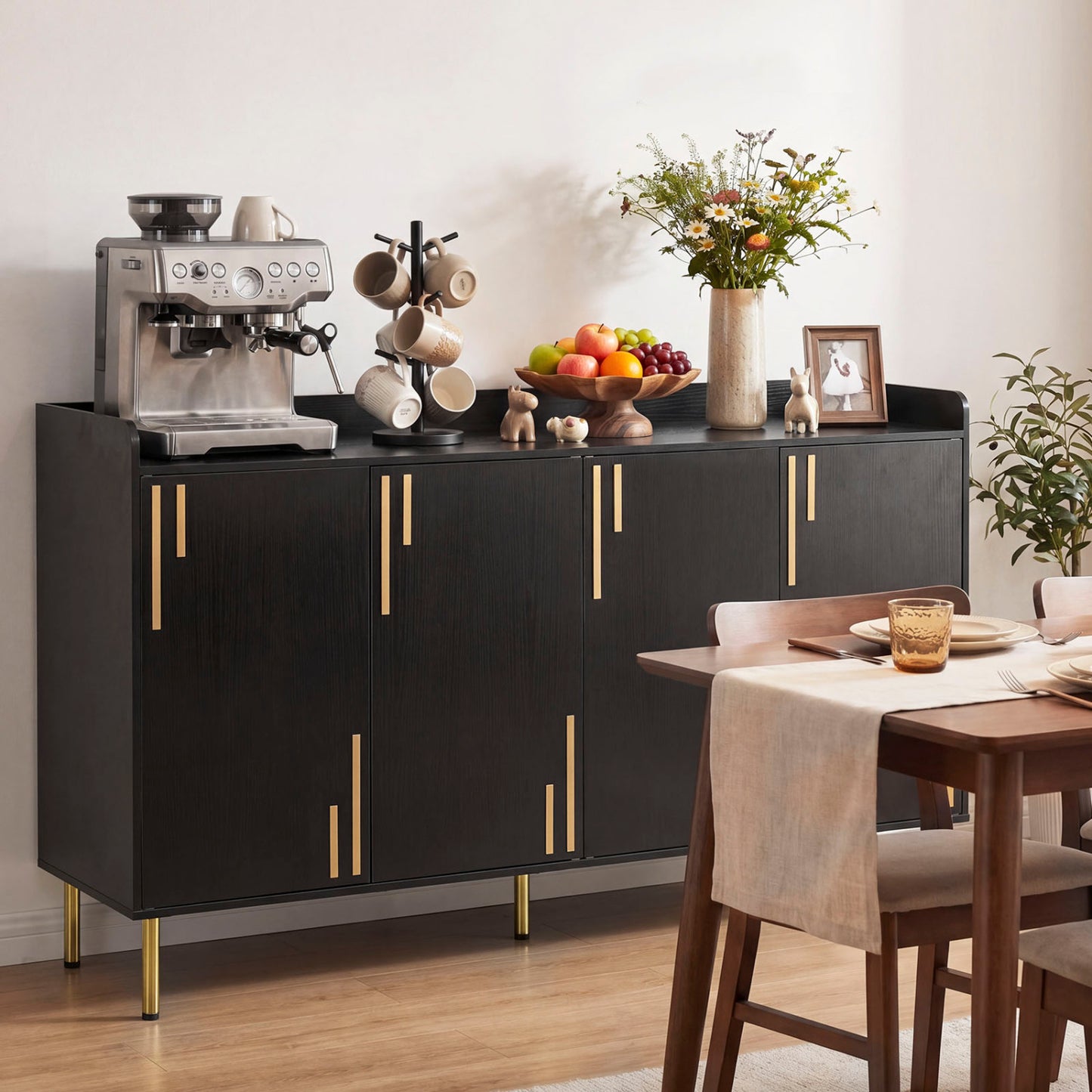 Black 55-inch buffet cabinet with four doors and metal legs, modern sideboard for kitchen or dining room storage.
