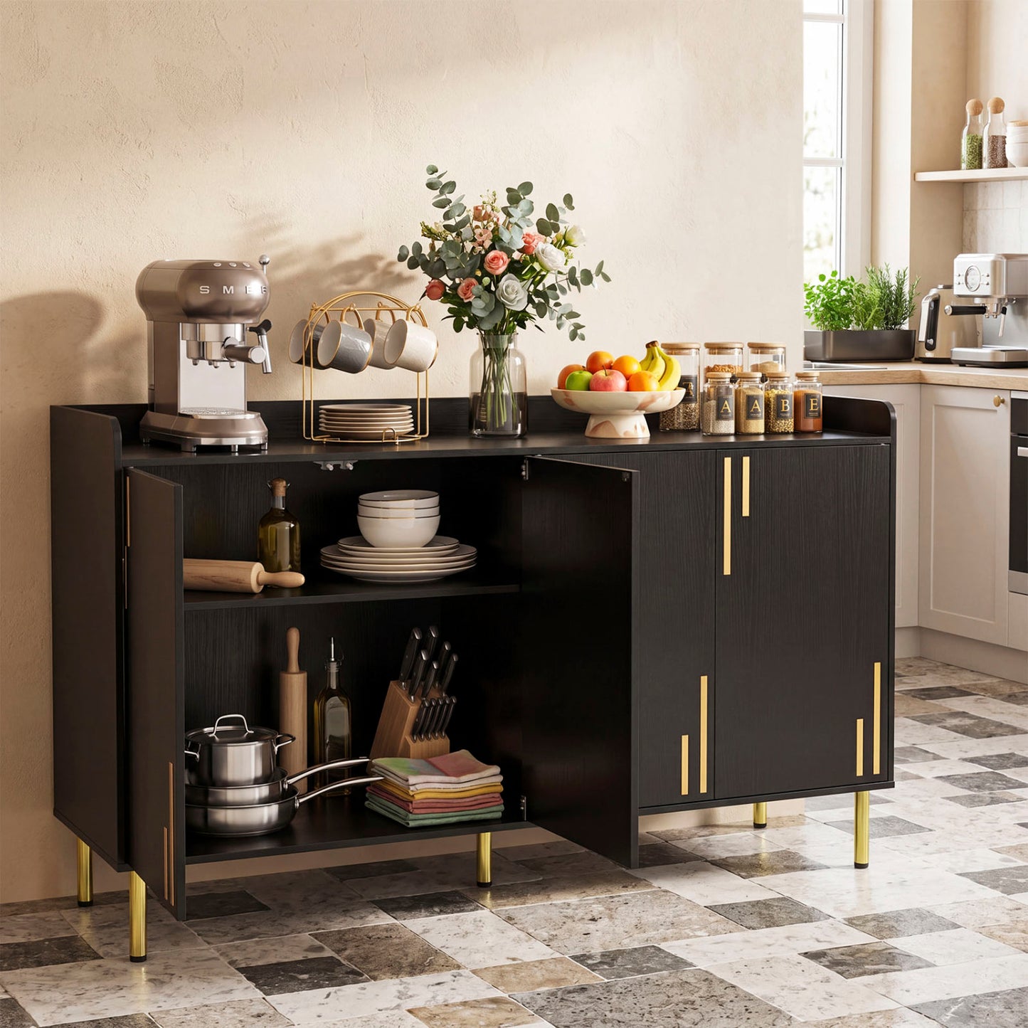 Black 55-inch buffet cabinet with 4 doors and metal legs, modern credenza for kitchen and dining storage.