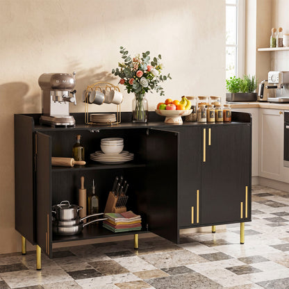 Black 55-inch buffet cabinet with 4 doors and metal legs, modern credenza for kitchen and dining storage.