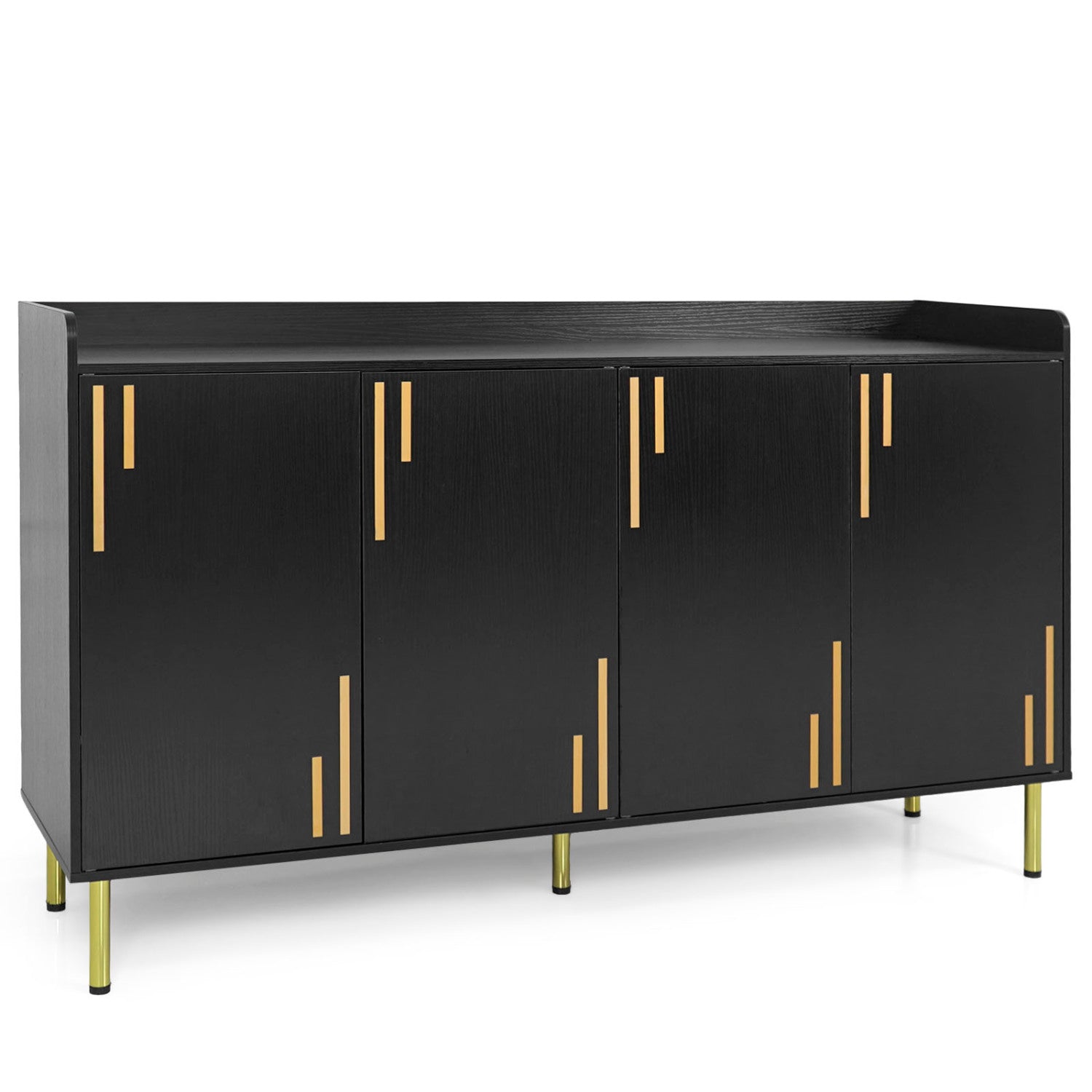 Black 55-inch buffet cabinet with four doors and metal legs, modern credenza for kitchen or dining room storage.