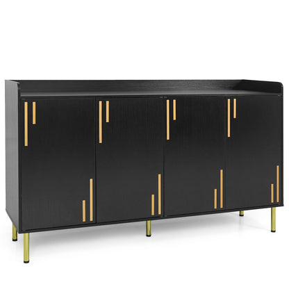 Black 55-inch buffet cabinet with four doors and metal legs, modern credenza for kitchen or dining room storage.