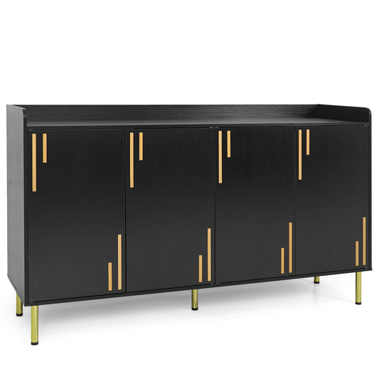 Black 55-inch buffet cabinet with four doors and metal legs, modern credenza for kitchen or dining room storage.