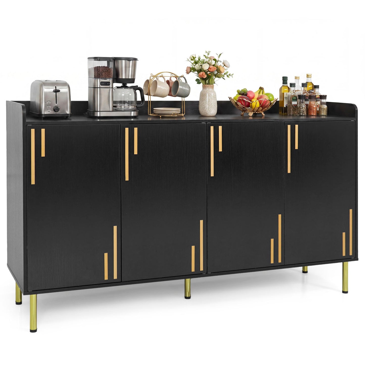 Black 55-inch modern buffet cabinet with four doors and five metal legs, ideal for kitchen and dining storage.