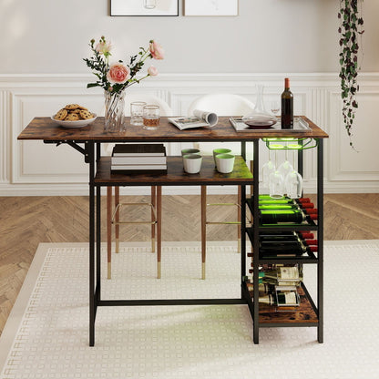 55" Drop-Leaf Counter Height Bar Table with LED Light and Remote Control for Small Space-Rustic Brown