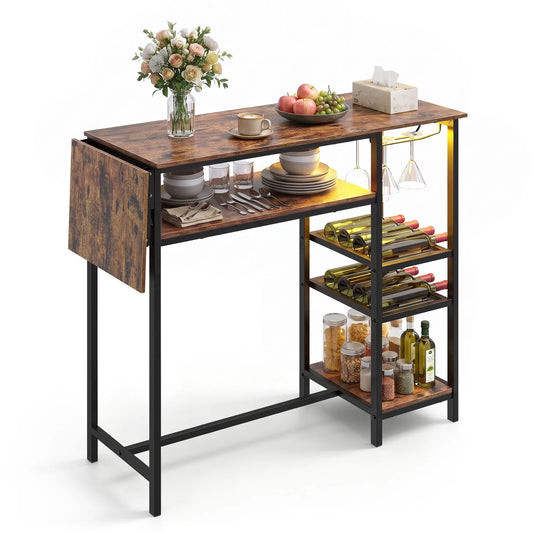 Rustic brown 55-inch drop-leaf counter height bar table with LED lighting and remote control, ideal for small kitchen or dining spaces.