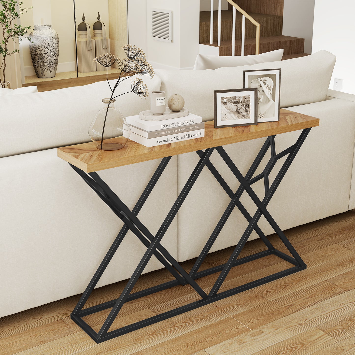 55 Inch Console Table with Solid Metal Frame and Storage-Wood
