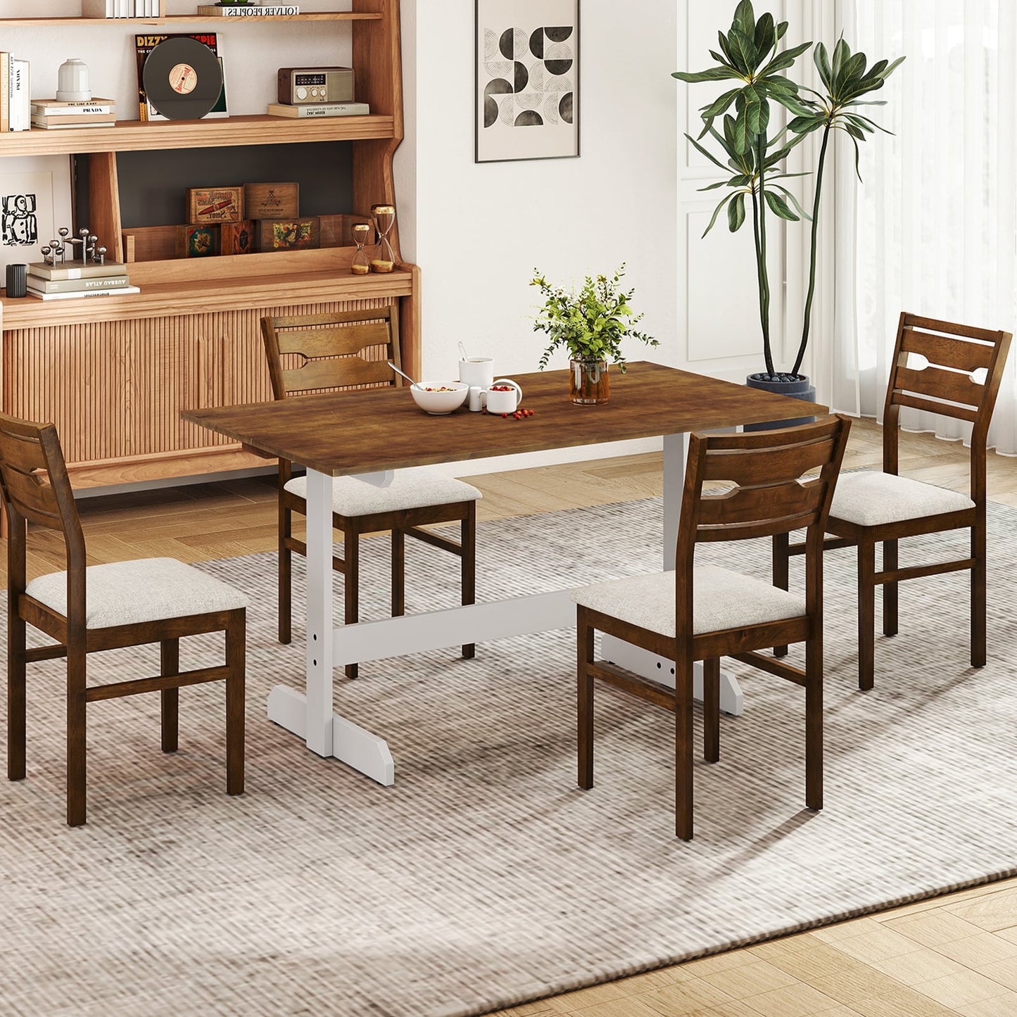 55 Inch Dining Table for 4-6 People Rectangular Kitchen Table with Solid Wood Trestle Base-Walnut