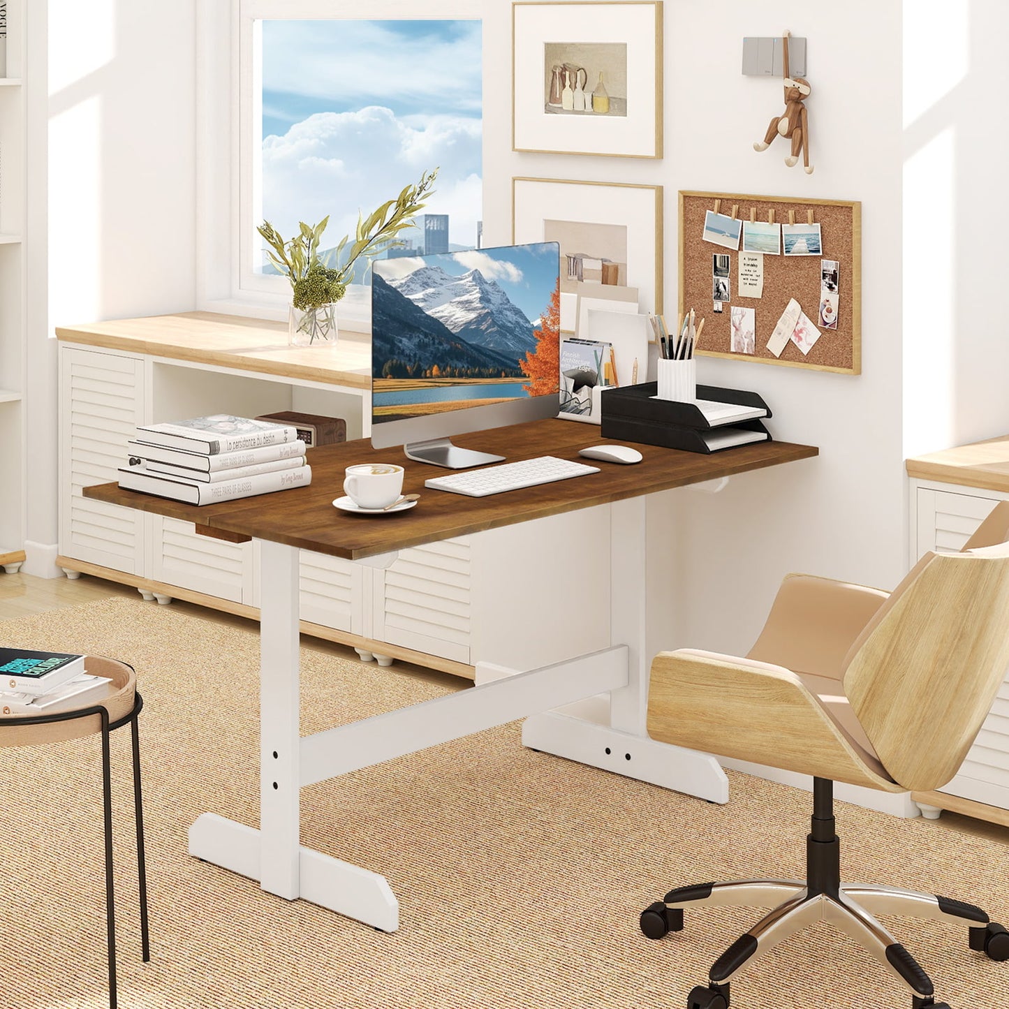 55 Inch Dining Table for 4-6 People Rectangular Kitchen Table with Solid Wood Trestle Base-Walnut