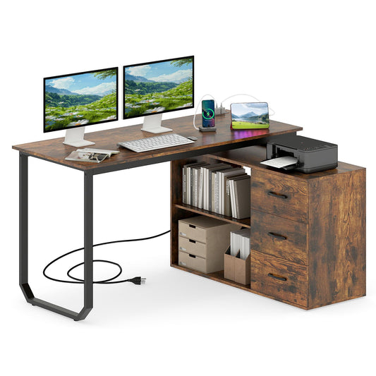 55 Inch Reversible L Shaped Desk with 3 Drawers Home Office Desk with Adjustable Shelf-Rustic Brown