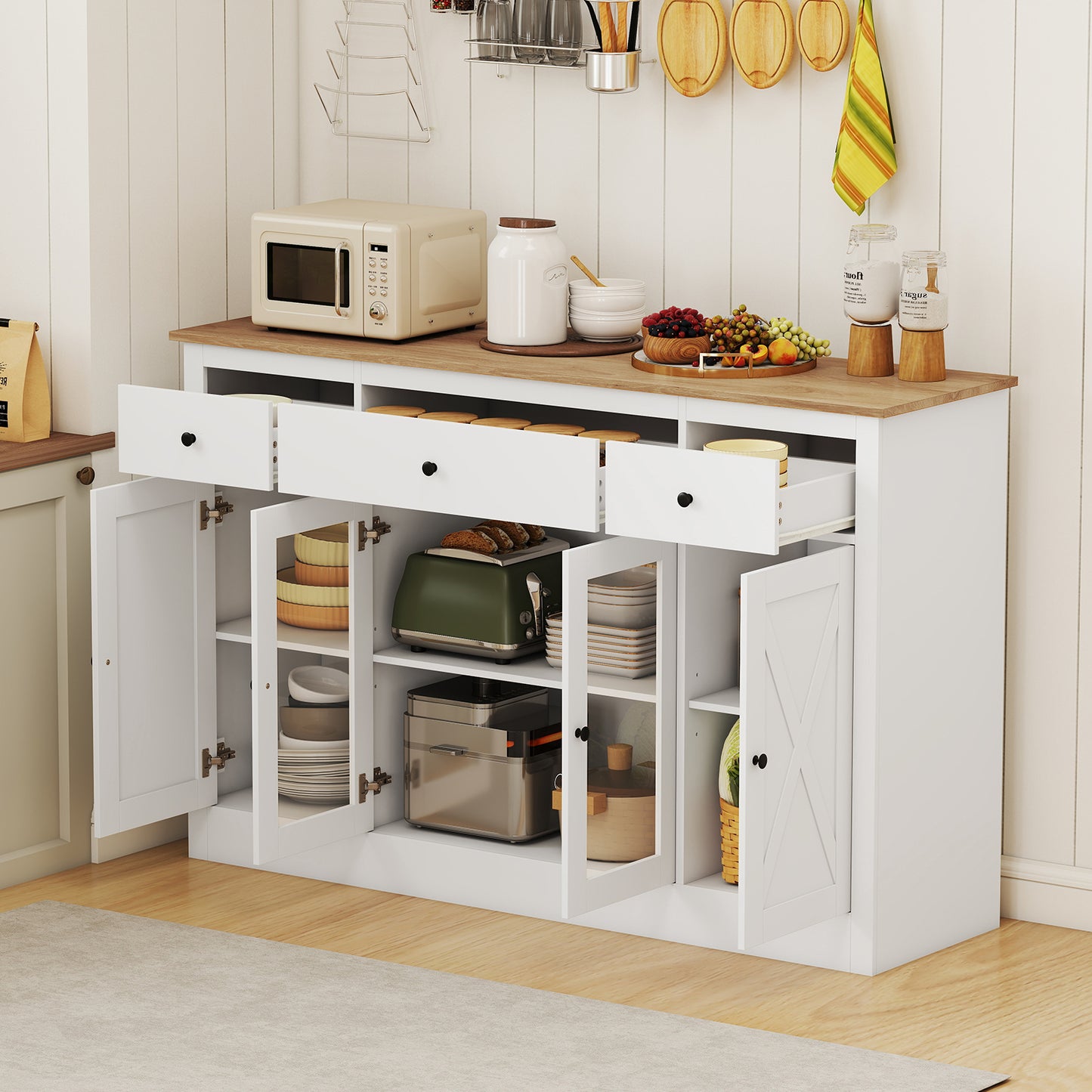 55" Large Buffet Sideboard Kitchen Storage Cabinet with 3 Drawers 2 See-through Doors Adjustable Shelves Wine Bar Table-White
