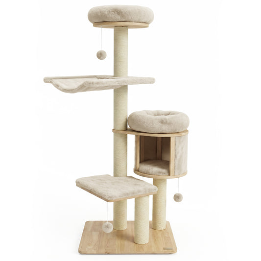 Beige 55-inch solid rubber wood cat tree with condo, hammock, and scratching posts for adult cats.