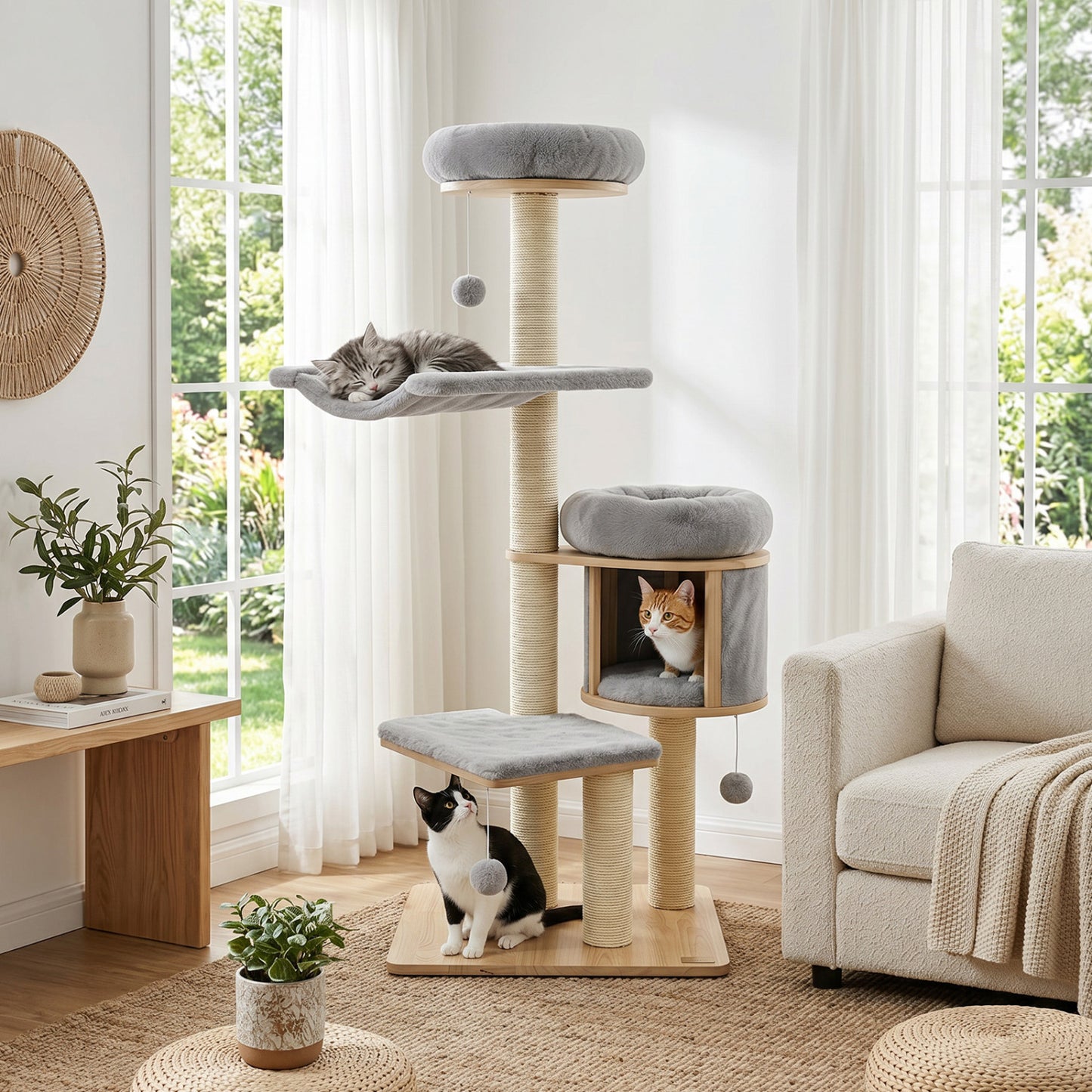 55" Solid Rubber Wood Cat Tree with Condo & Hammock and Scratching Posts for Adult Cats-Beige