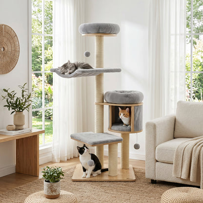 55" Solid Rubber Wood Cat Tree with Condo & Hammock and Scratching Posts for Adult Cats-Beige