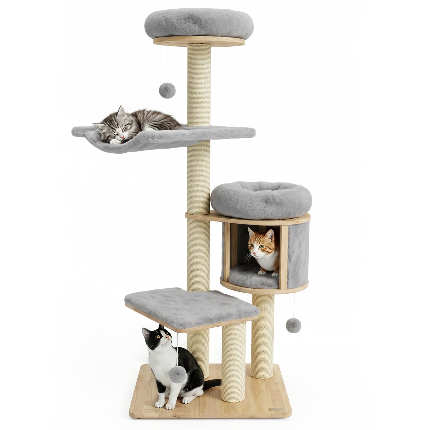 55" Solid Rubber Wood Cat Tree with Condo & Hammock and Scratching Posts for Adult Cats-Beige