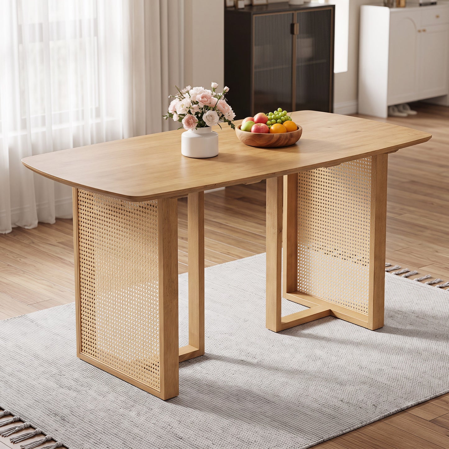 55" Solid Rubber Wood Dining Table Set for 4 People with Rounded Edges-Natural