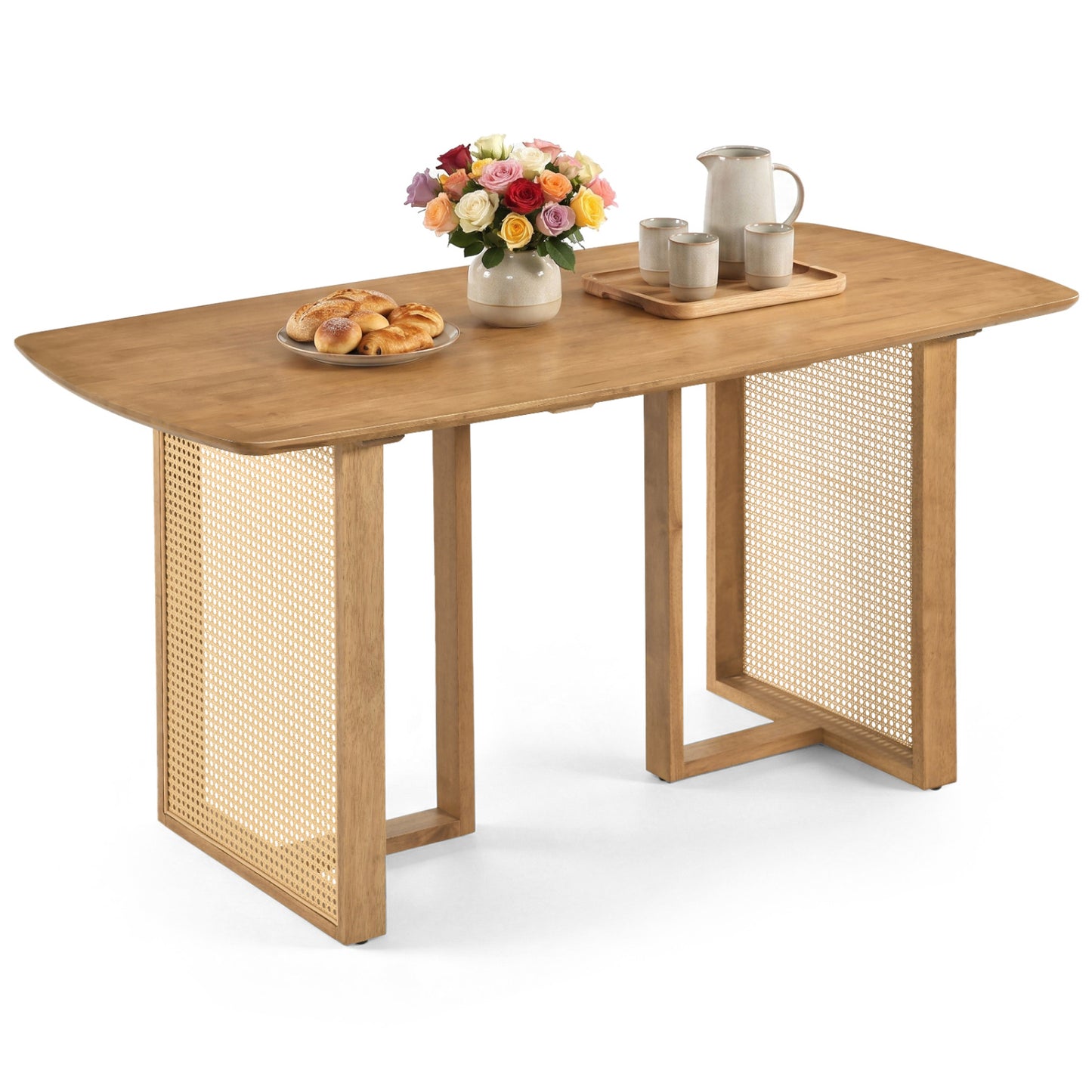 55" Solid Rubber Wood Dining Table Set for 4 People with Rounded Edges-Natural