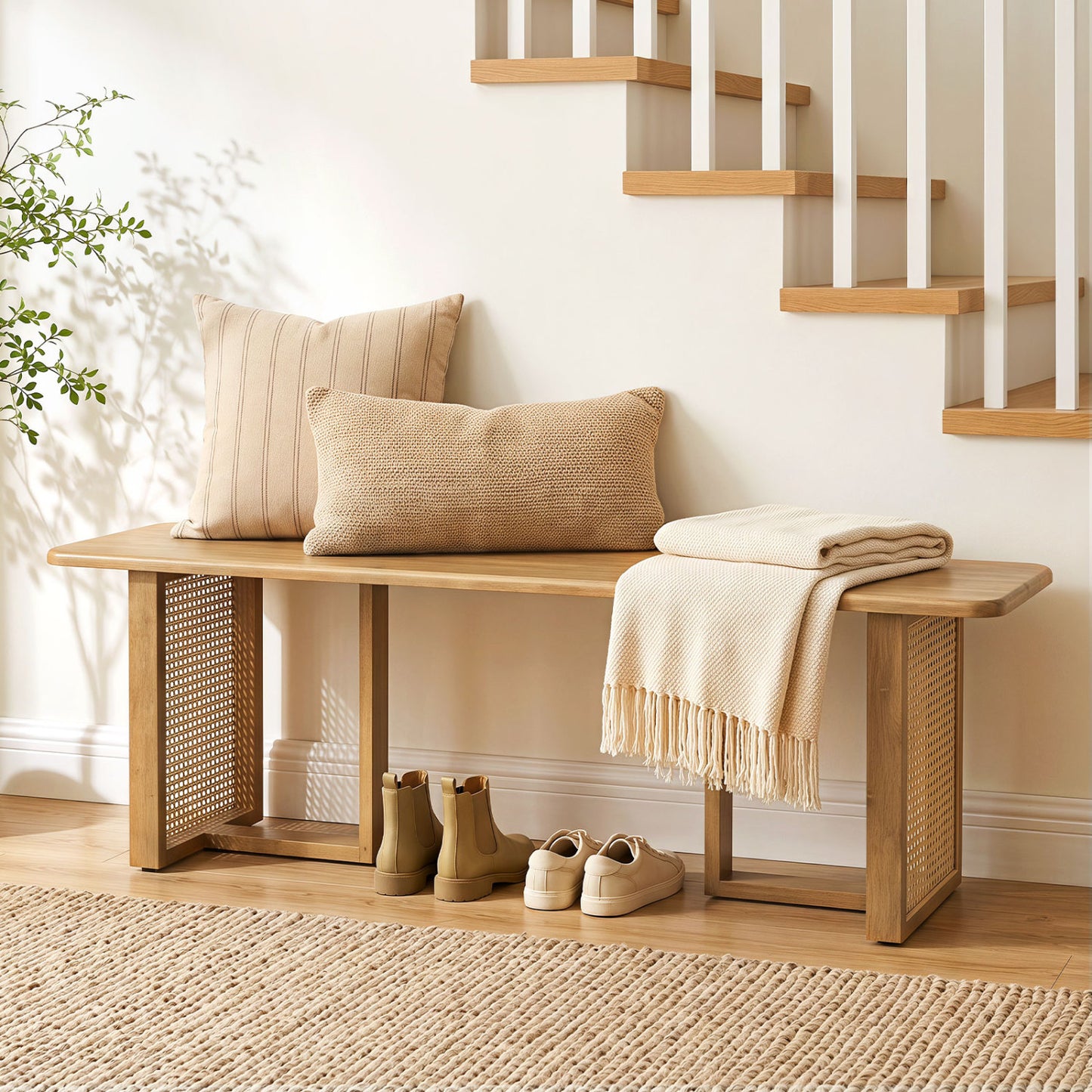 55" Solid Rubber Wood Dining Bench with Rattan Legs-Natural