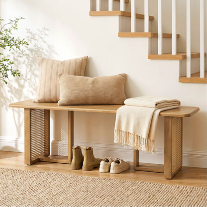 55" Solid Rubber Wood Dining Bench with Rattan Legs-Natural