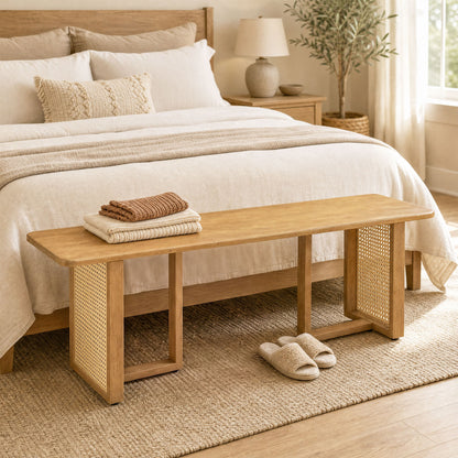 55" Solid Rubber Wood Dining Bench with Rattan Legs-Natural
