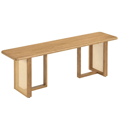 55" Solid Rubber Wood Dining Bench with Rattan Legs-Natural