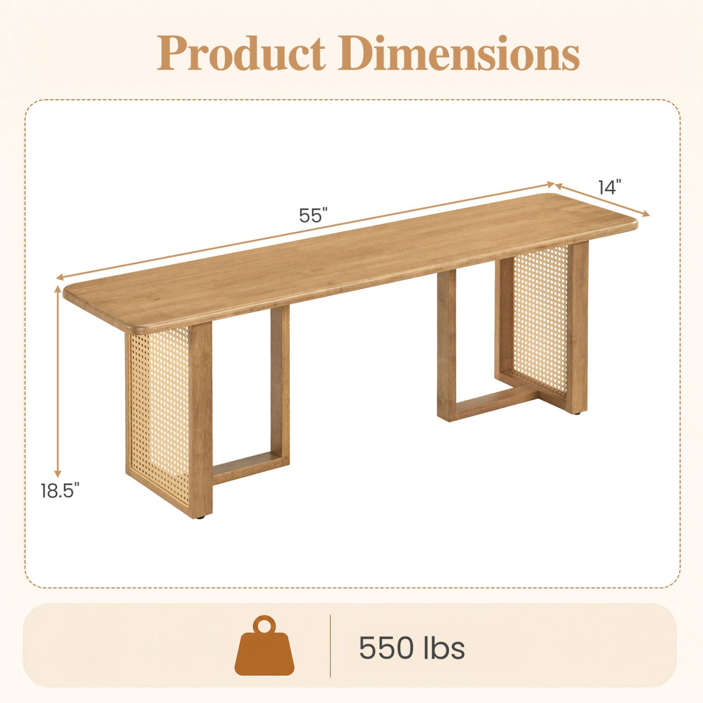 55" Solid Rubber Wood Dining Bench with Rattan Legs-Natural