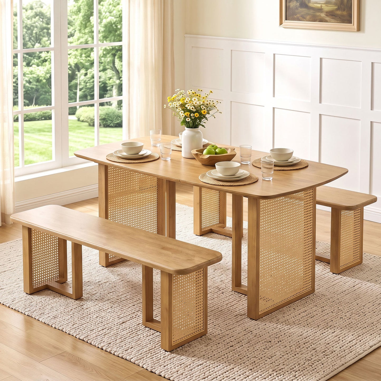 55” Solid Rubber Wood Dining Table Set Boho Rectangular Dining Table with 2 Benches-Natural