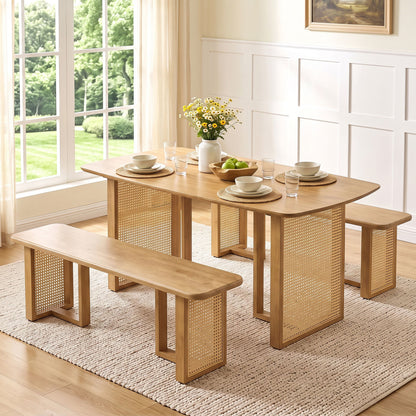 55” Solid Rubber Wood Dining Table Set Boho Rectangular Dining Table with 2 Benches-Natural