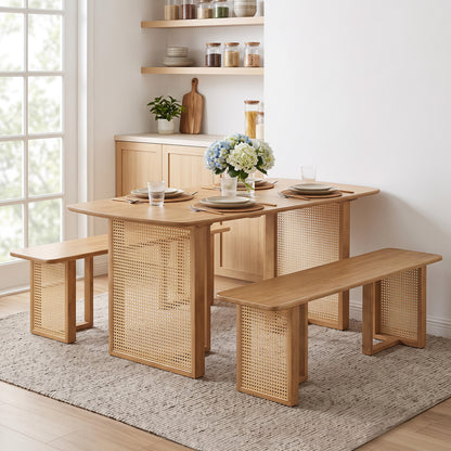55” Solid Rubber Wood Dining Table Set Boho Rectangular Dining Table with 2 Benches-Natural