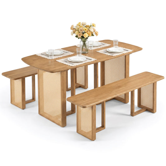 55” Solid Rubber Wood Dining Table Set Boho Rectangular Dining Table with 2 Benches-Natural