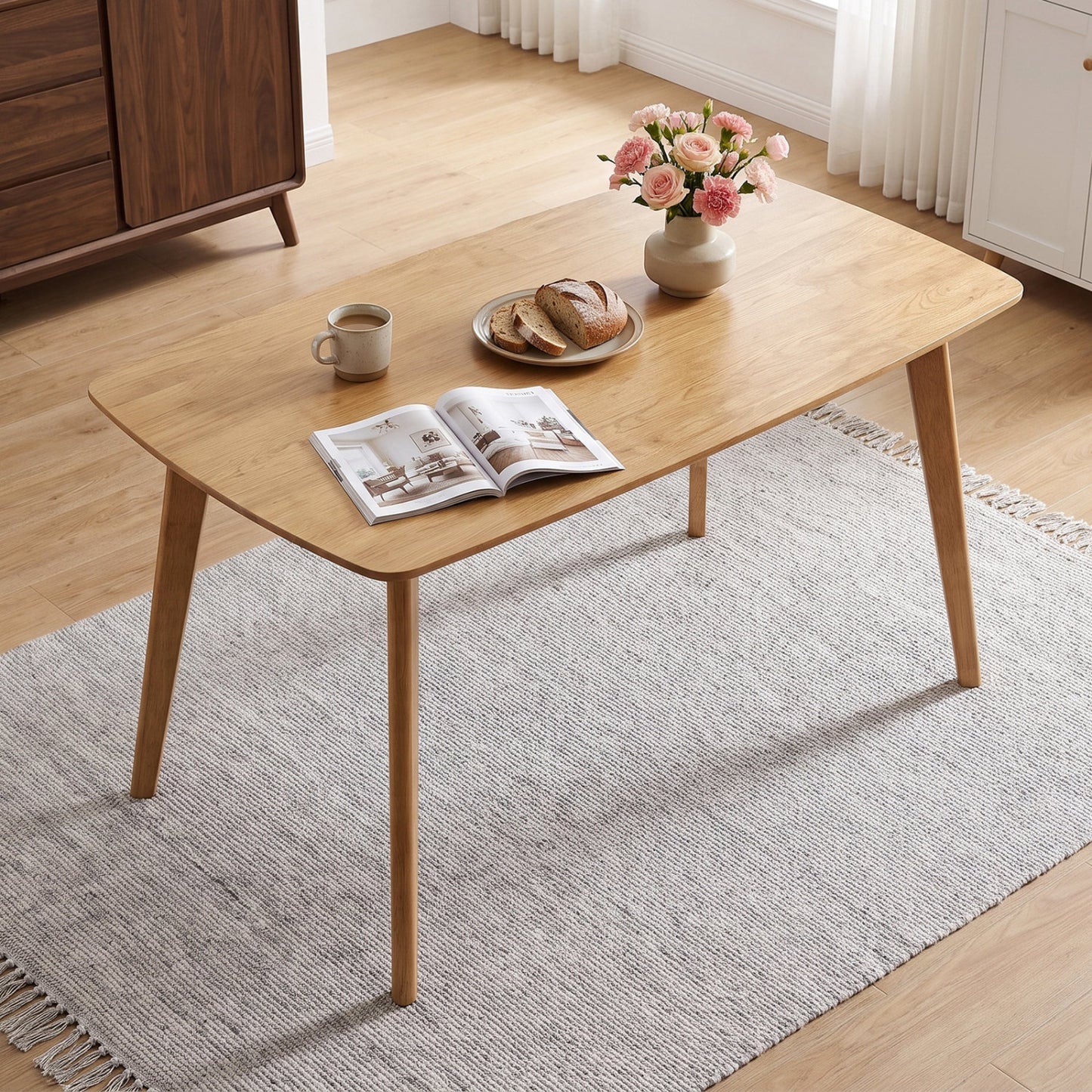55" Solid Wood Dining Table for 4-6 People with Rounded Edges-Natural