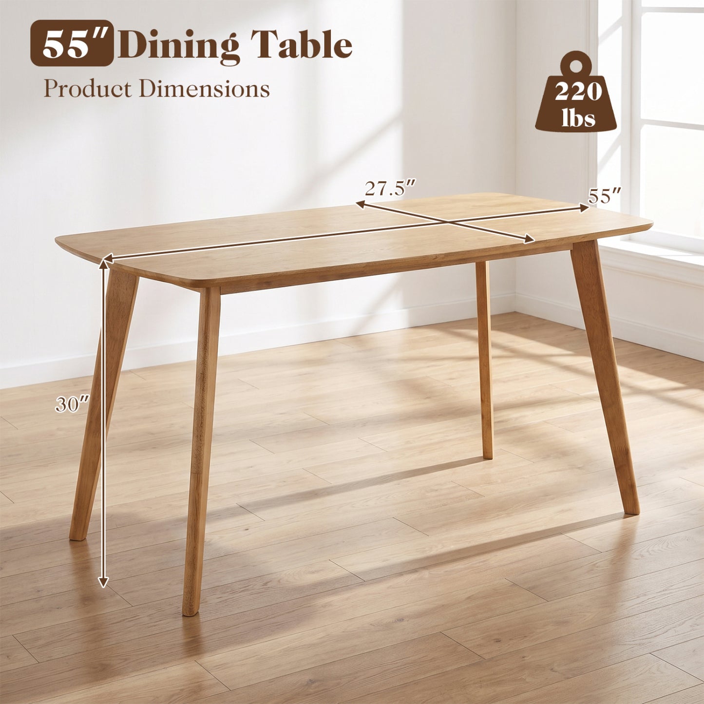 55" Solid Wood Dining Table for 4-6 People with Rounded Edges-Natural