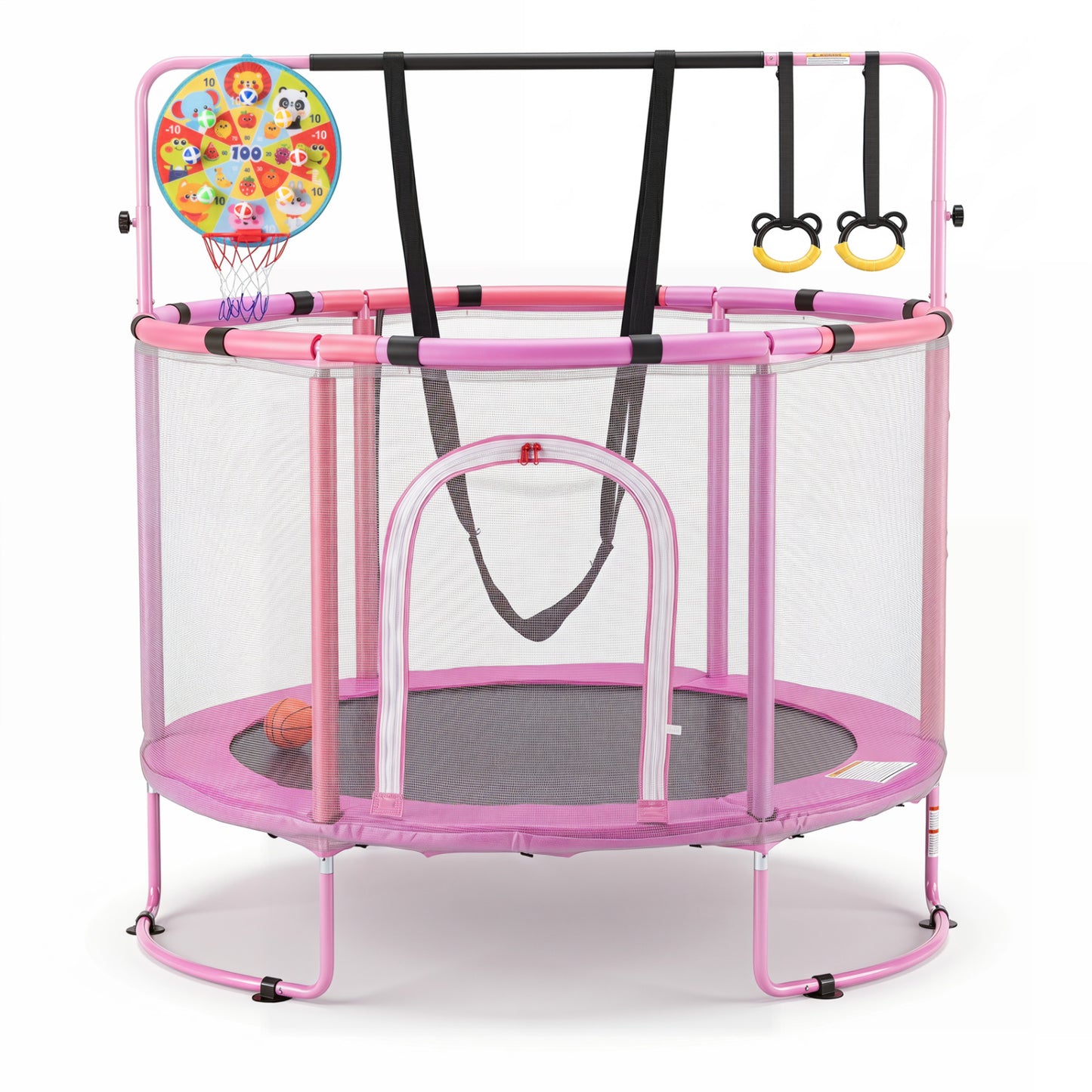 Navy 55-inch kids' trampoline with adjustable gymnastics bar and basketball hoop for outdoor play, by Wilsons Home Store.
