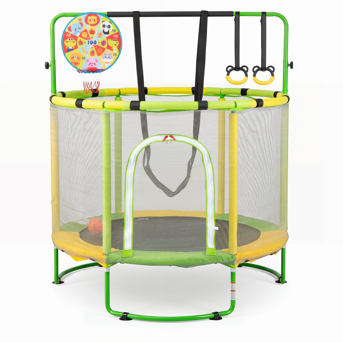 Navy 55-inch kids' trampoline with adjustable gymnastics bar and basketball hoop for outdoor play, by Wilsons Home Store.