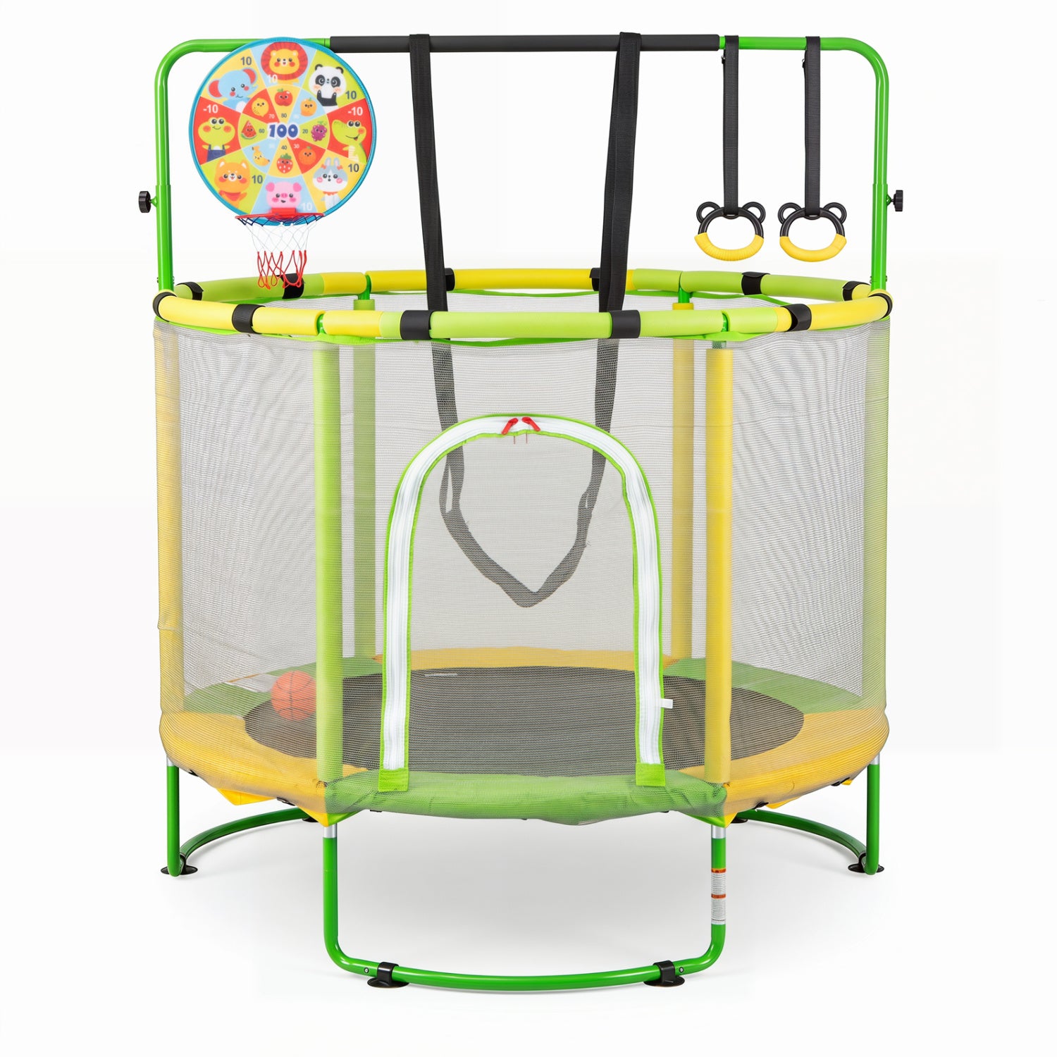Navy 55-inch kids' trampoline with adjustable gymnastics bar and basketball hoop for outdoor play, by Wilsons Home Store.