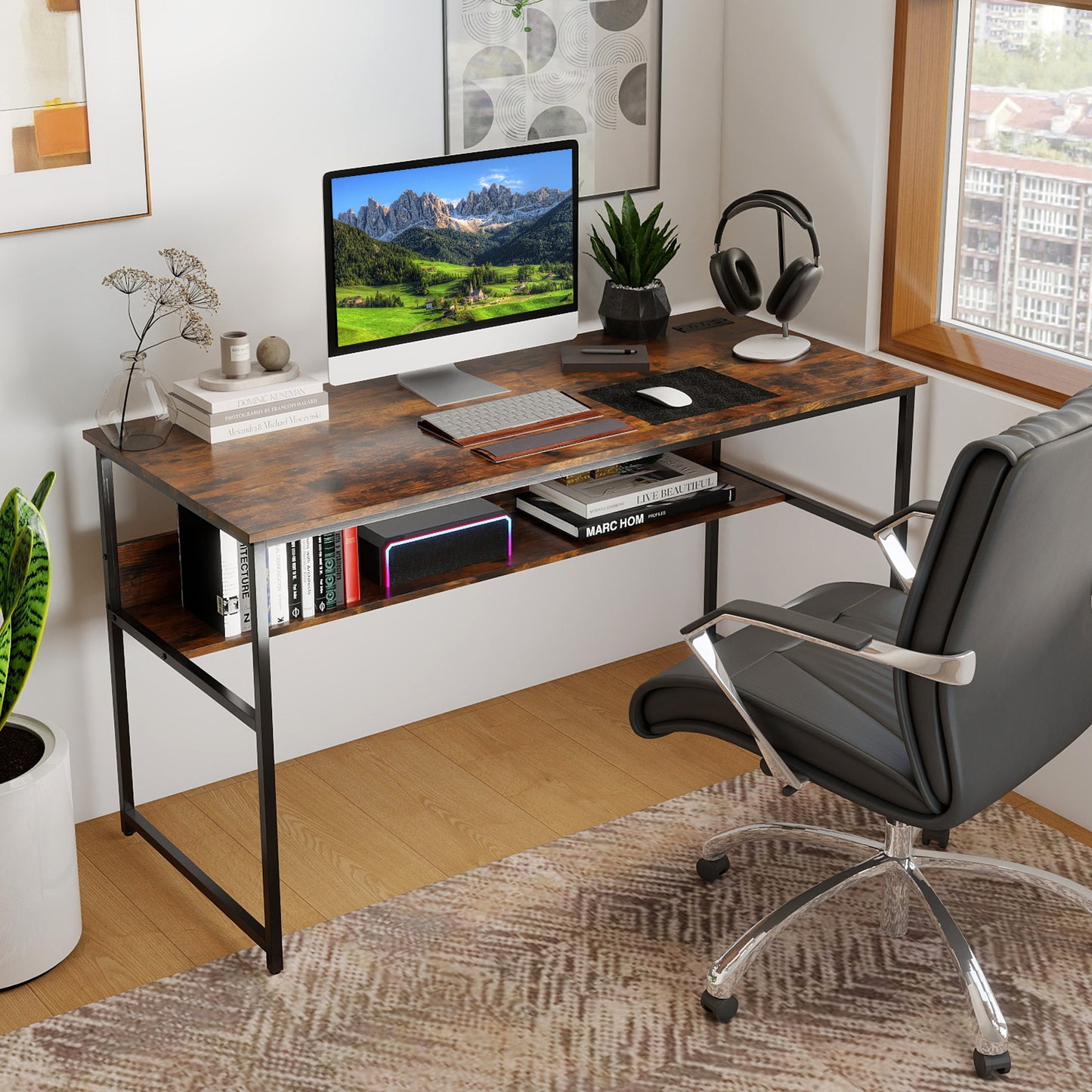 55 x 24 inch Computer Desk with Power Outlets and USB Ports-Rustic Brown