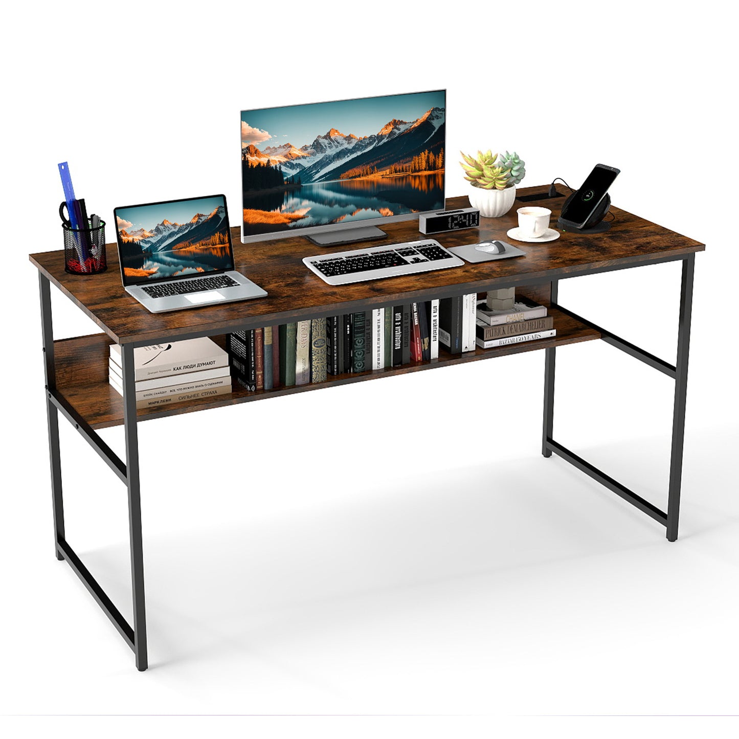 55 x 24 inch Computer Desk with Power Outlets and USB Ports-Rustic Brown