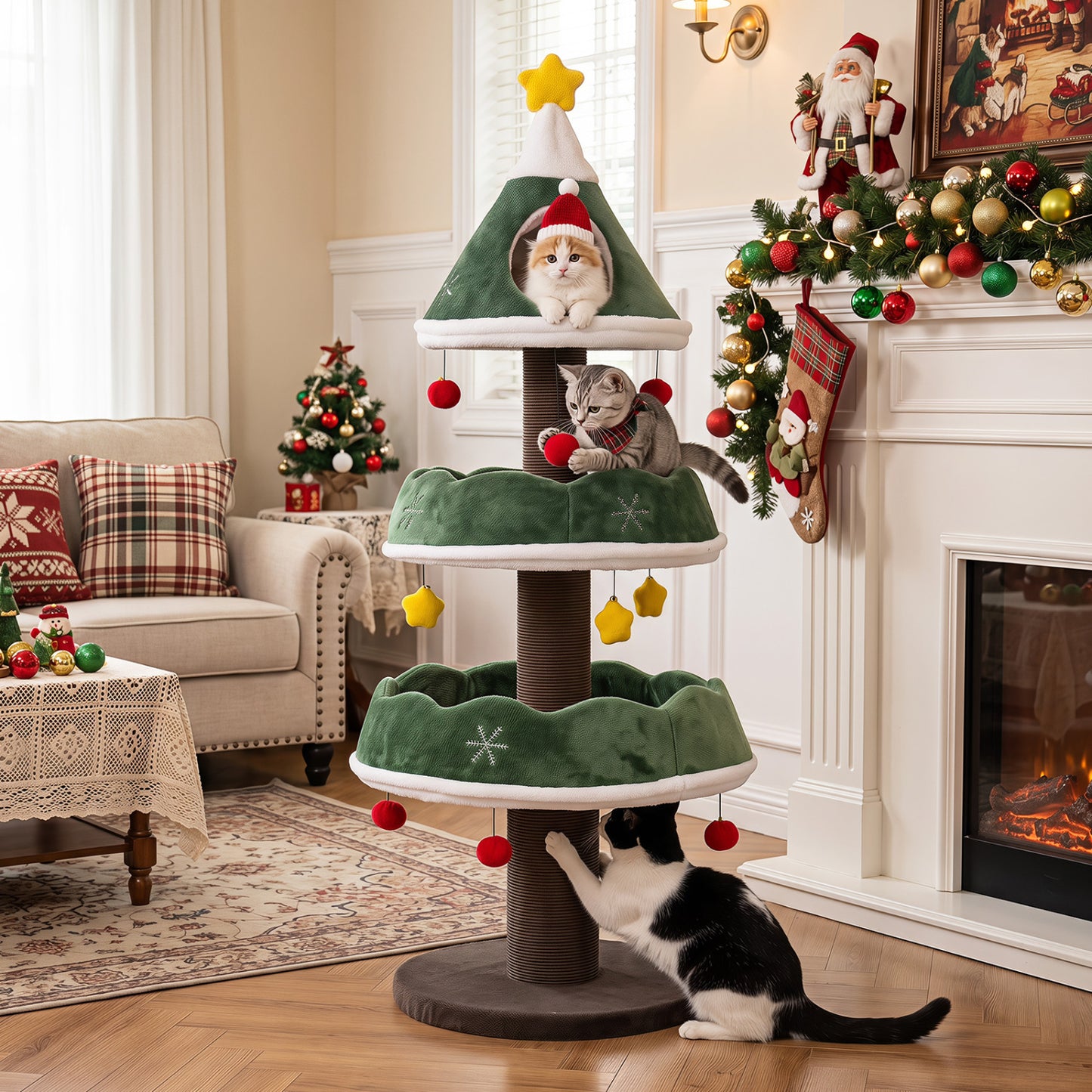 56.5 Inch Multi-Level Cat Tower with Fully-wrapped Scratching Posts-Green