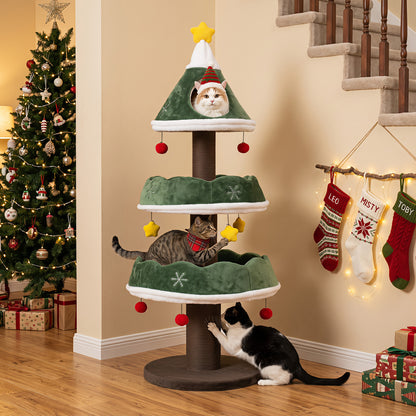 56.5 Inch Multi-Level Cat Tower with Fully-wrapped Scratching Posts-Green