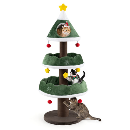 56.5 Inch Multi-Level Cat Tower with Fully-wrapped Scratching Posts-Green