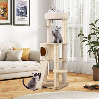 56 Inch Tall Cat Tree with 2 Sisal Scratching Posts and Ladder-NA